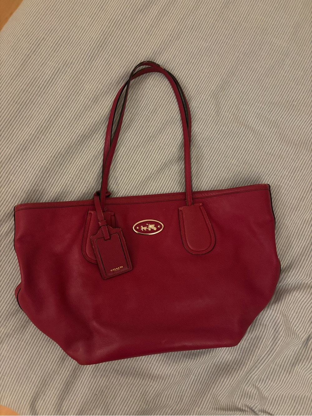 Coach Crimson Leather Tote with Gold Logo Accent